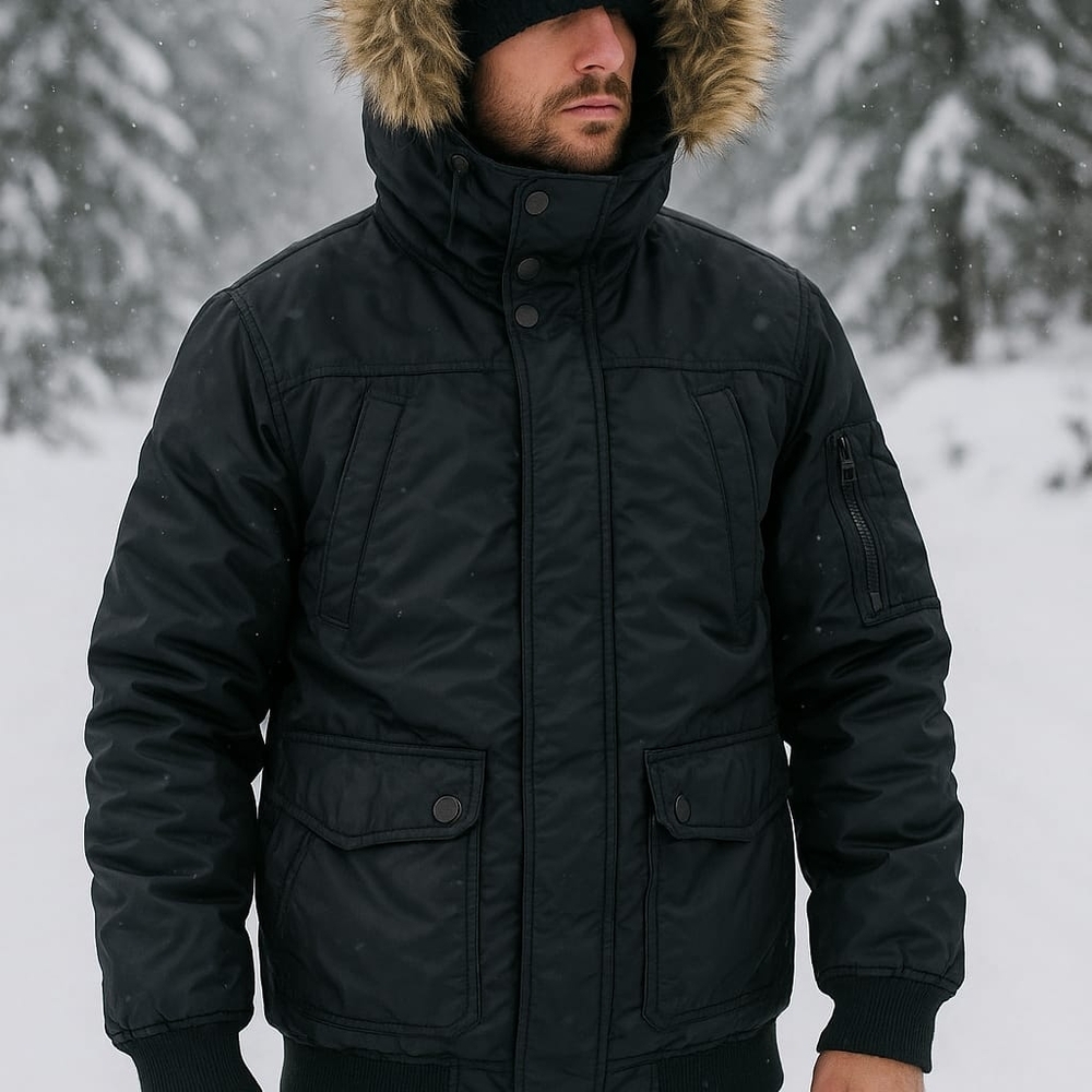 Urban Republic Men's Black Puffer Jacket with Fur Trim